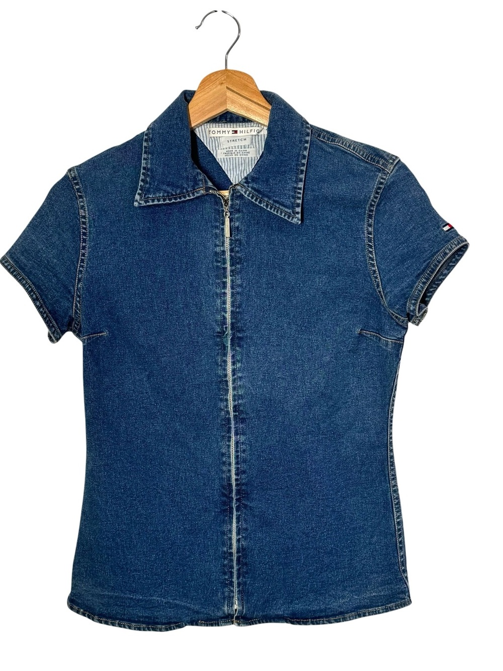 Vtg Y2K 90’s Tommy Hilfiger Denim Jean Shirt Zip Front Womens 4 Stretch SS